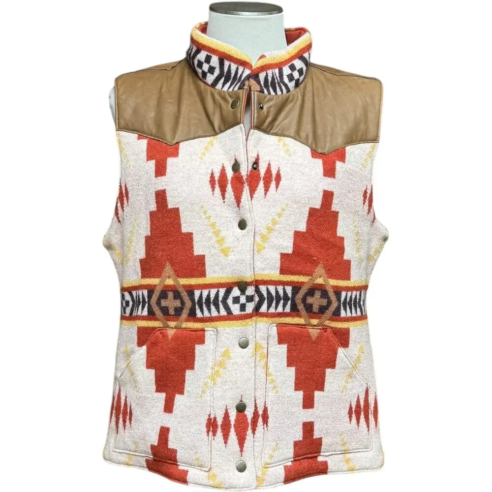 Orvis Leather Wool Aztec Southwestern Print Vest Large
